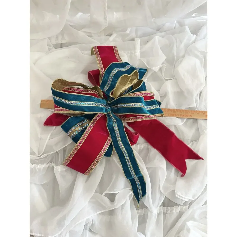 LARGE Handmade Velvet Crystal Christmas Bows Pink Blue Gold Tree Wreath Decor